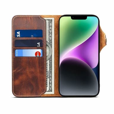 Lompakkokotelo 3-kortti aitoa nahkaa Apple iPhone 14 Plus - Ruskea