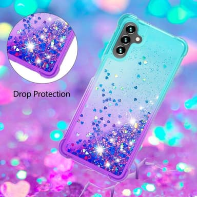 SKALO Samsung A13 5G Juoksuhiekka Glitter Sydämet TPU kuori - Turkoosi-Violetti