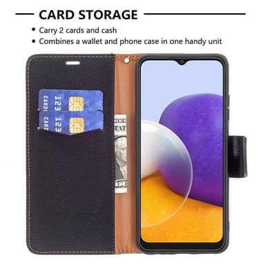 SKALO Samsung A22 5G Premium Litchi Lompakkokotelo - Musta
