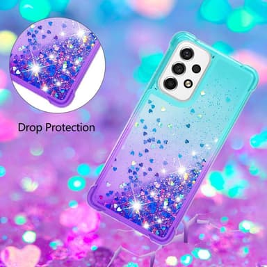 SKALO Samsung A53 5G Juoksuhiekka Glitter Sydämet TPU kuori - Turkoosi-Violetti