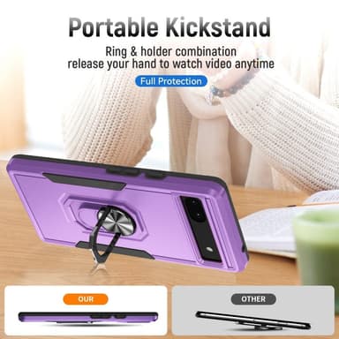 Google Pixel 6A iskunkestävä TPU+PC Kickstand Puhelinkotelo Autoon kiinnitettävä metallilevy - violetti/musta