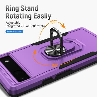 Google Pixel 6A iskunkestävä TPU+PC Kickstand Puhelinkotelo Autoon kiinnitettävä metallilevy - violetti/musta