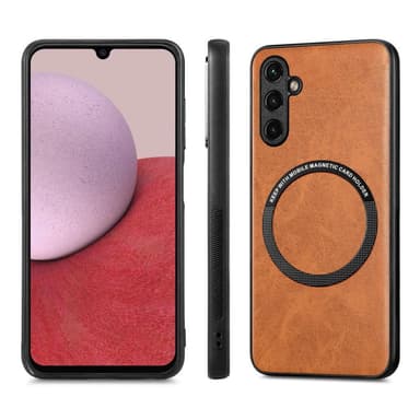 SKALO Samsung A14 4G/5G PU Nahka Hybrid Magnetic Ring Suojakuori - Ruskea