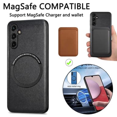 SKALO Samsung A14 4G/5G PU Nahka Hybrid Magnetic Ring Suojakuori - Musta