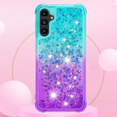 SKALO Samsung A14 5G Juoksuhiekka Glitter Sydämet TPU kuori - Turkoosi-Violetti