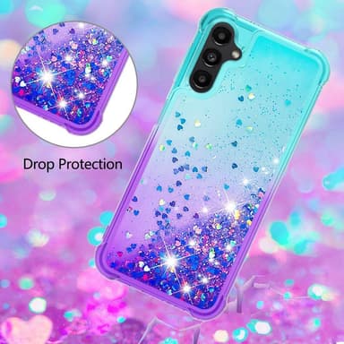 SKALO Samsung A14 5G Juoksuhiekka Glitter Sydämet TPU kuori - Turkoosi-Violetti