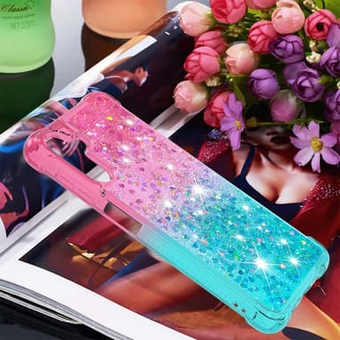 SKALO Samsung A54 5G Juoksuhiekka Glitter Sydämet TPU kuori - Pinkki-Turkoosi