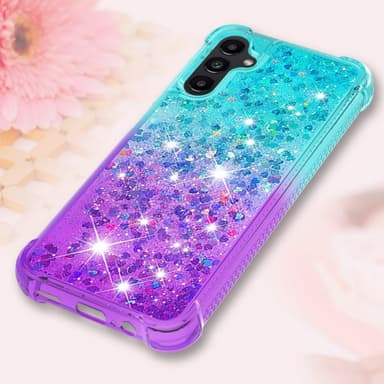 SKALO Samsung A14 5G Juoksuhiekka Glitter Sydämet TPU kuori - Turkoosi-Violetti