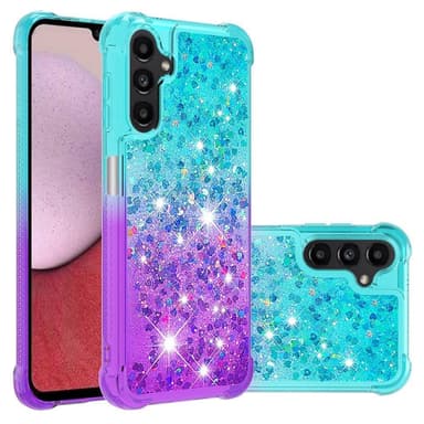 SKALO Samsung A14 5G Juoksuhiekka Glitter Sydämet TPU kuori - Turkoosi-Violetti