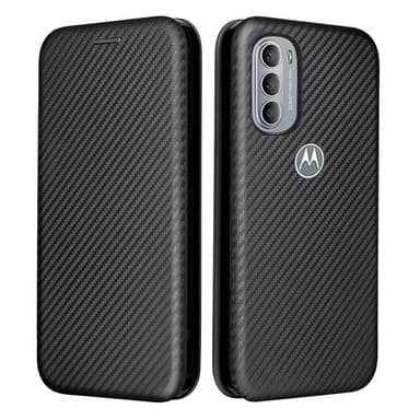 SKALO Moto G31 / G41 Carbon Fiber Lompakkokotelo - Musta