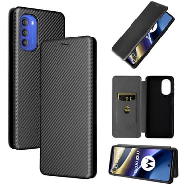 SKALO Moto G51 Carbon Fiber Lompakkokotelo - Musta