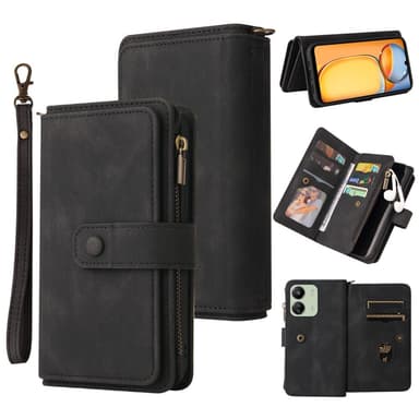 SKALO Xiaomi Redmi 13C 4G Big Wallet 17-lokeroa Lompakkokotelo - Musta