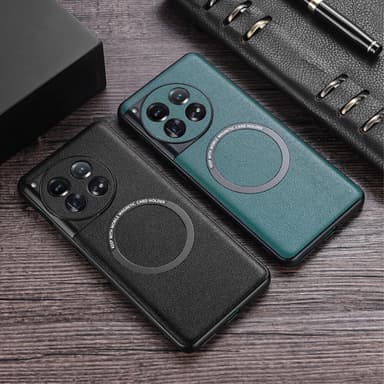 SKALO OnePlus 12 5G PU Nahka Hybrid Magnetic Ring Suojakuori - Musta