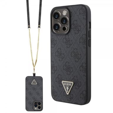 Guess iPhone 15 Pro Max Kuori Metal Logo Strass Crossbody Strap Musta
