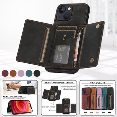 Ylellinen PU-nahkakotelo iPhone 15 -sarjalle, korttiteline, taitettava jalusta iPhone 15 Plus