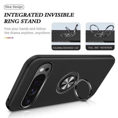 Google Pixel 9 / Pixel 9 Pro sormenrengasjalustan hybridikotelo - musta
