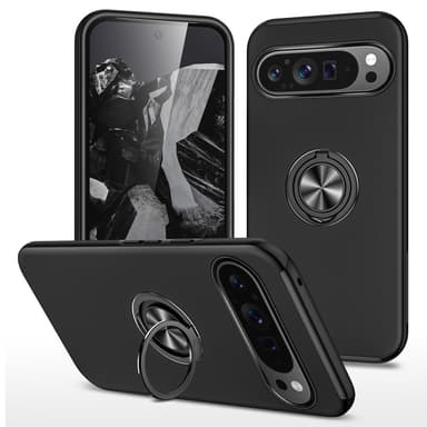 Google Pixel 9 / Pixel 9 Pro sormenrengasjalustan hybridikotelo - musta