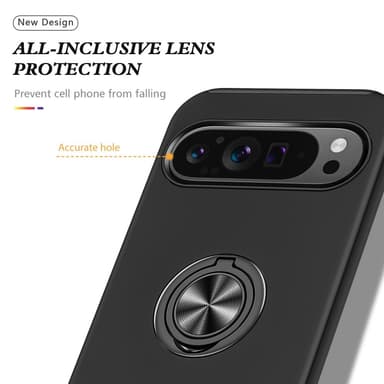 Google Pixel 9 / Pixel 9 Pro sormenrengasjalustan hybridikotelo - musta