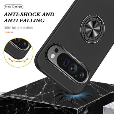 Google Pixel 9 / Pixel 9 Pro sormenrengasjalustan hybridikotelo - musta