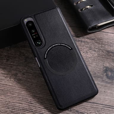SKALO Sony Xperia 1 V PU Nahka Hybrid Magnetic Ring Suojakuori - Musta