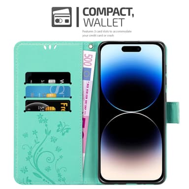 iPhone 14 PRO MAX Suojakuori Lompakkokotelo (Turkoosi)
