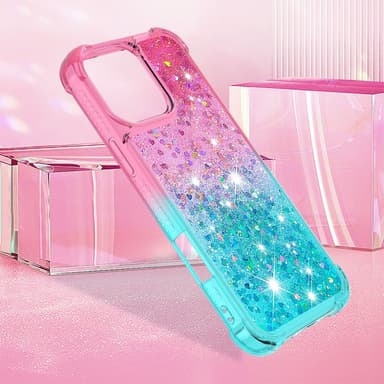 SKALO iPhone 16 Pro Max Juoksuhiekka Glitter Sydämet TPU kuori - Pinkki-Turkoosi