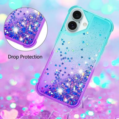 SKALO iPhone 16 Plus Juoksuhiekka Glitter Sydämet TPU kuori - Turkoosi-Violetti