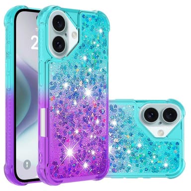 SKALO iPhone 16 Plus Juoksuhiekka Glitter Sydämet TPU kuori - Turkoosi-Violetti