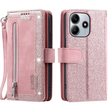 Xiaomi Redmi Note 14 4GC Kuori Vetoketjutaskulla ja 9 Korttipaikalla - RoseGold
