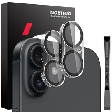 NORTHJO 2 kpl Kameran Linssinsuoja Mustilla Kehyksillä iPhone 16 / 16 Plus, HD Kirkas Karkaistu Lasi 3D Kattava Suoja