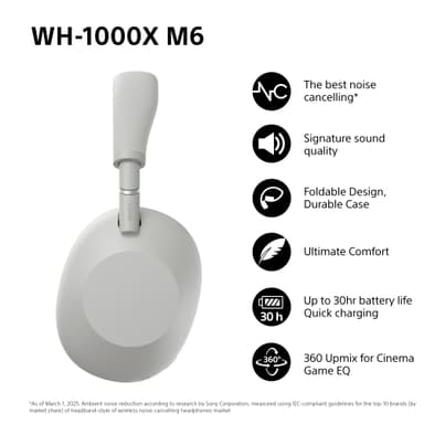 Sony WH-1000XM6 langattomat around-ear kuulokkeet (hopea)